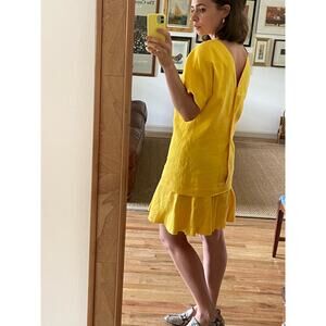 Vintage Yellow Linen 80s Back Button Dress